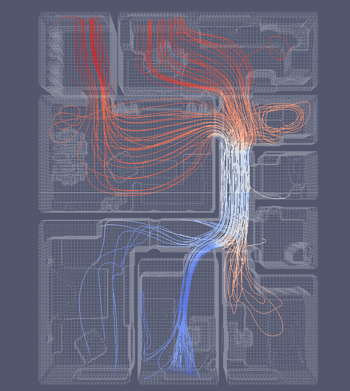 Stream trace of the airflow through a house.